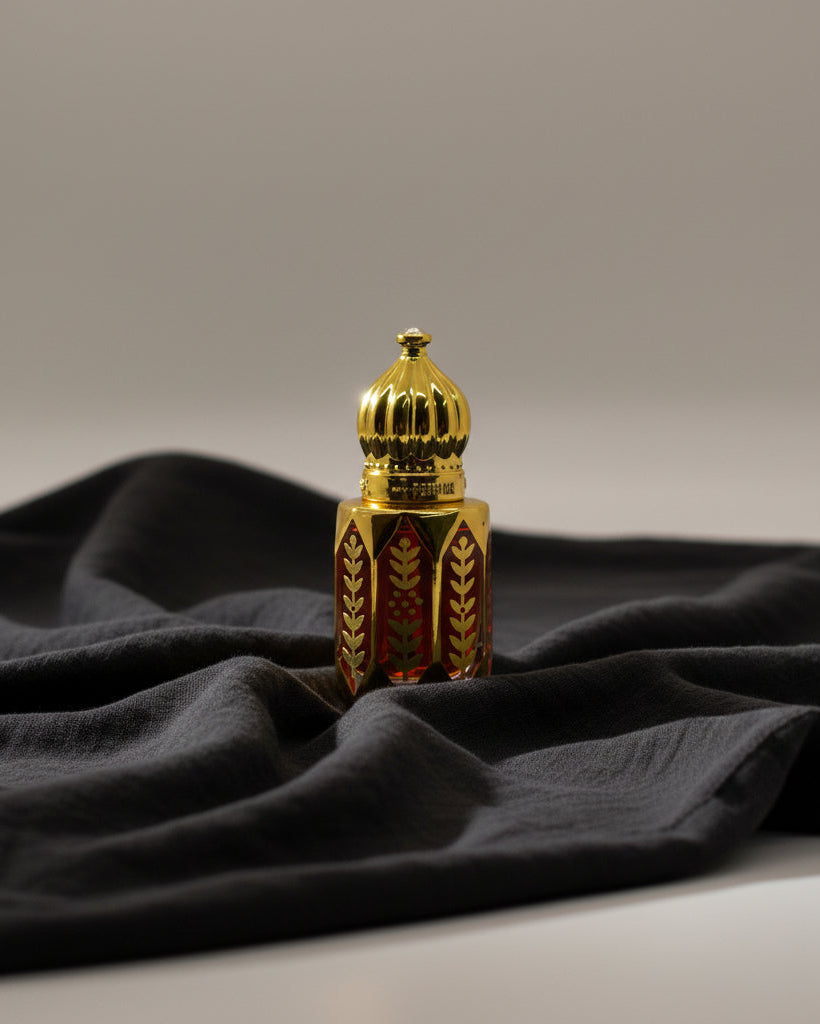 Decorative bottle with gold and red patterns on a gray background